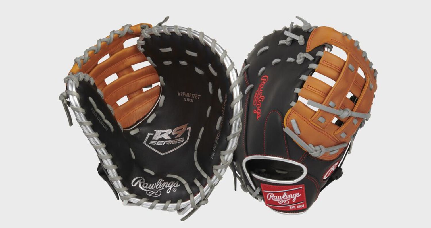 RAWLINGS R9 CONTOUR SERIES FIRST BASE MITT BASEBALL GLOVE, BALL GLOVE HAND: RHT, Colour: BLACK/BROWN, Size: 12 INCH