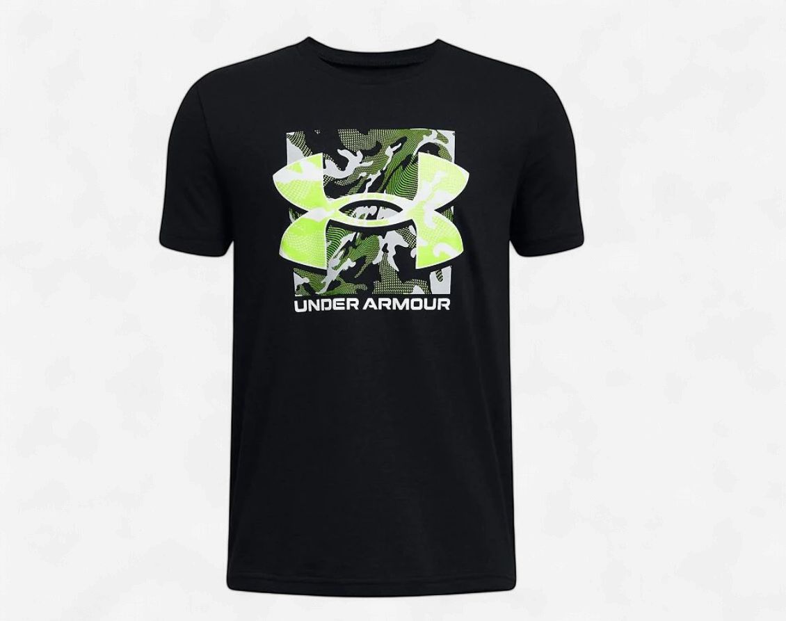 UNDER ARMOUR BOYS BOX LOGO CAMO T SHIRT BLACK/GREEN, Size: YMD