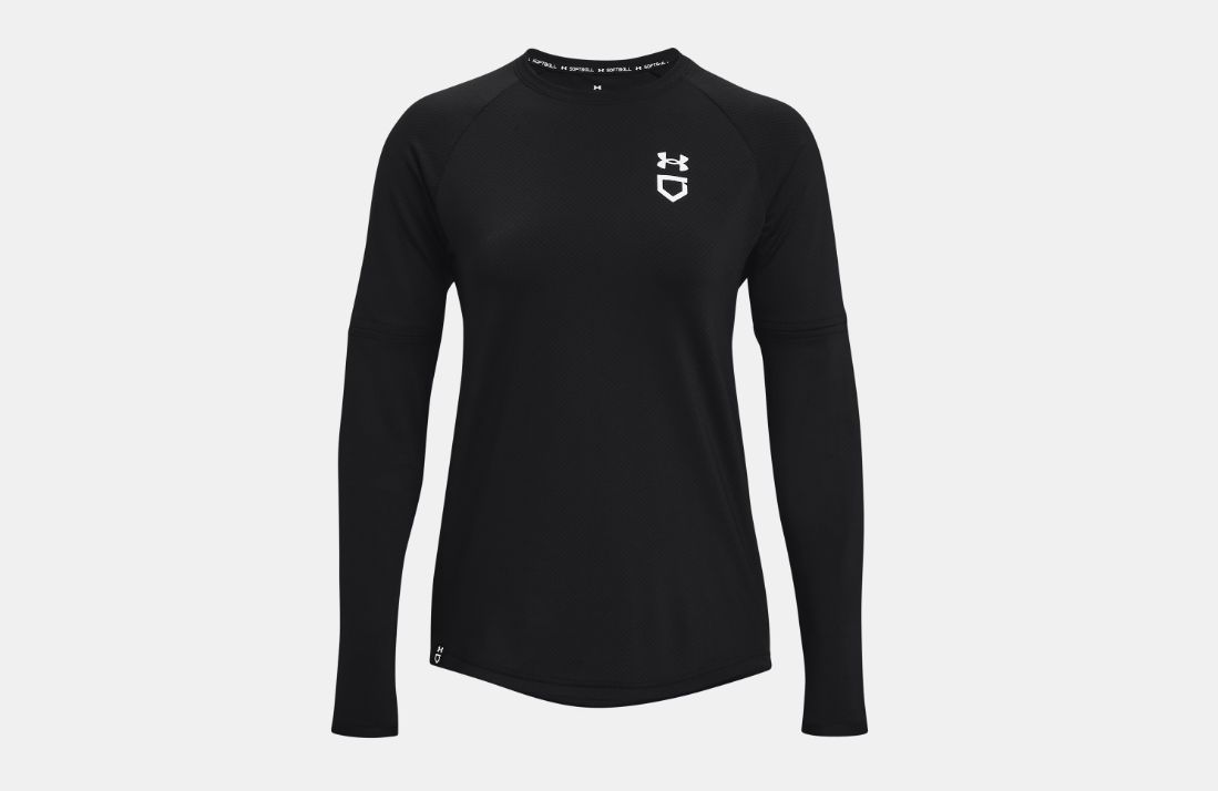 UNDER ARMOUR WOMEN'S WAFFLE SOFTBALL CREW LONGSLEEVE SHIRT, Colour: BLACK/PITCH GREY/WHITE, Size: LARGE
