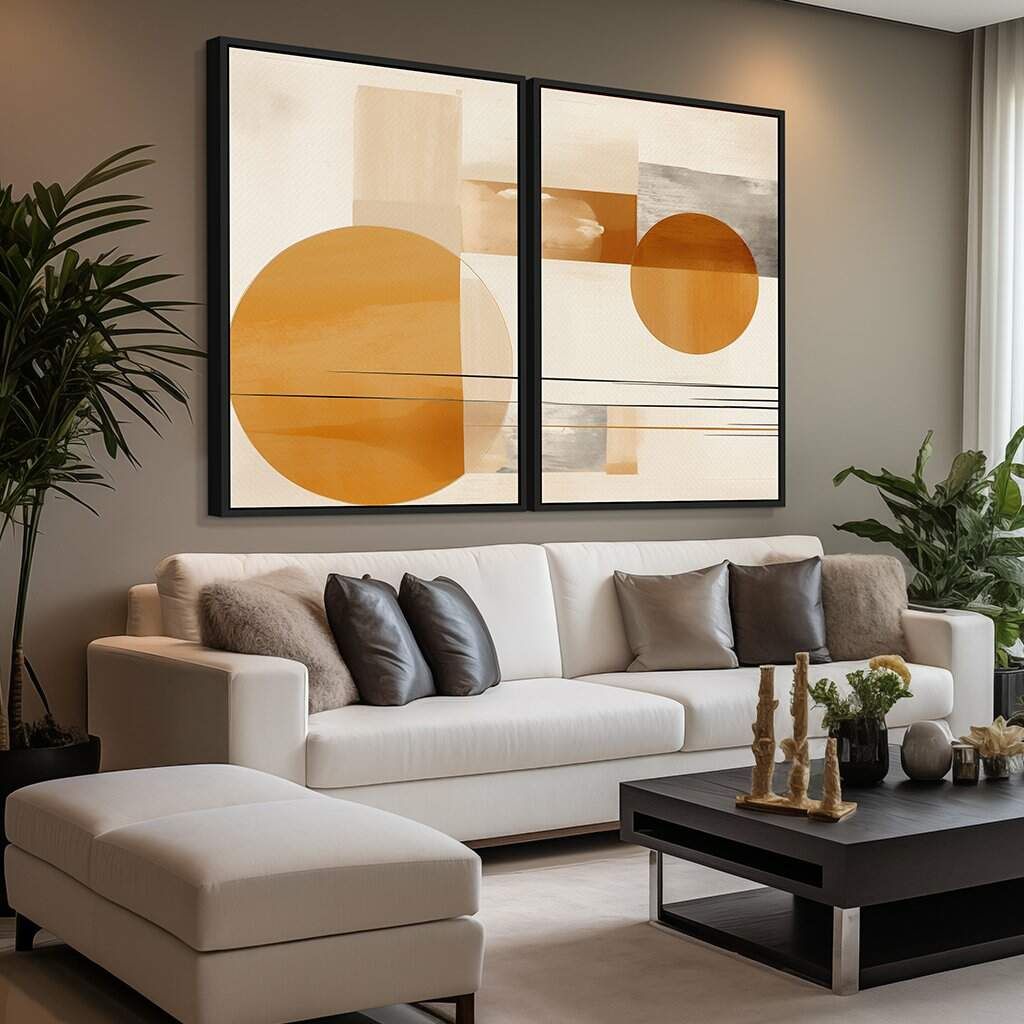 Dupla Abstrata Grande Formas em Tons Pastéis e Cobre