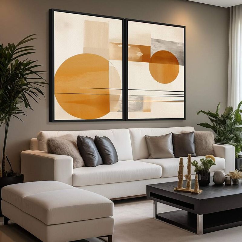 Dupla Abstrata Grande Formas em Tons Pastéis e Cobre