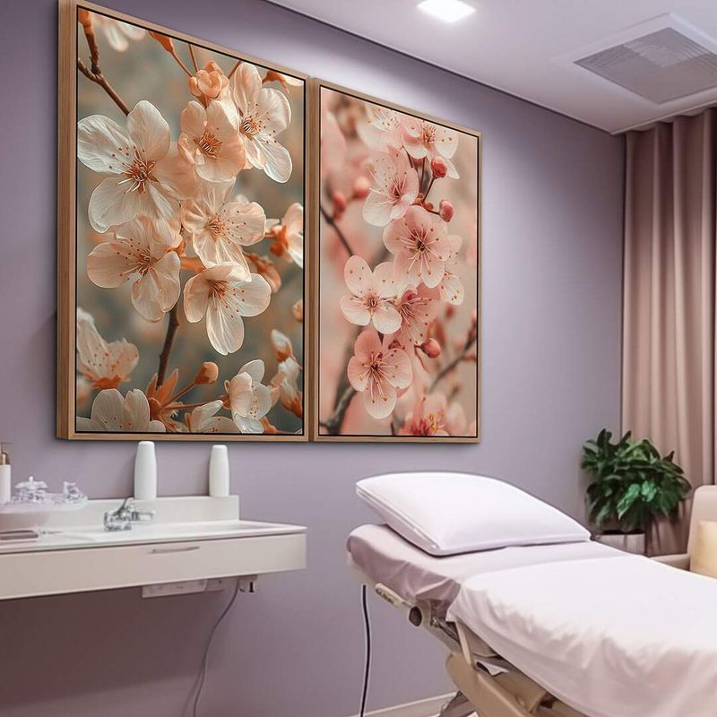 Dupla de Quadro Flores de Cerejeira em Tons Suaves ? Arte Floral Minimalista
