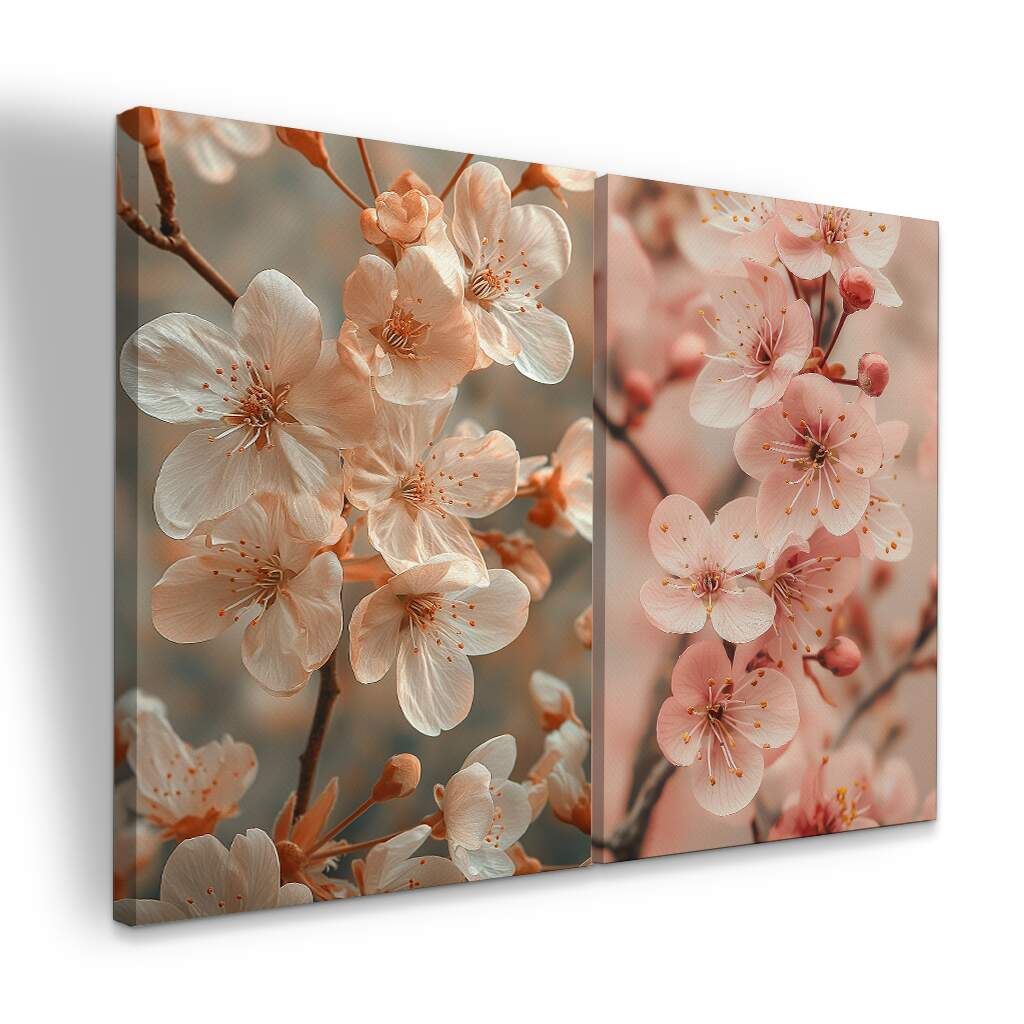 Dupla de Quadro Flores de Cerejeira em Tons Suaves ? Arte Floral Minimalista, Escolha a Medida (LxA): dupla-50x70cm-cada.jpg, Escolha a Moldura: borda-infinita--sem-moldura-.jpg