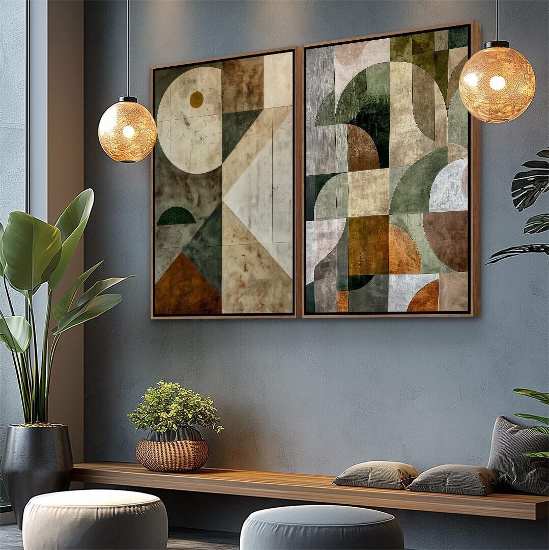 Dupla de Quadros Abstrato Arte Moderna Formas Orgânicas em Tons Naturais