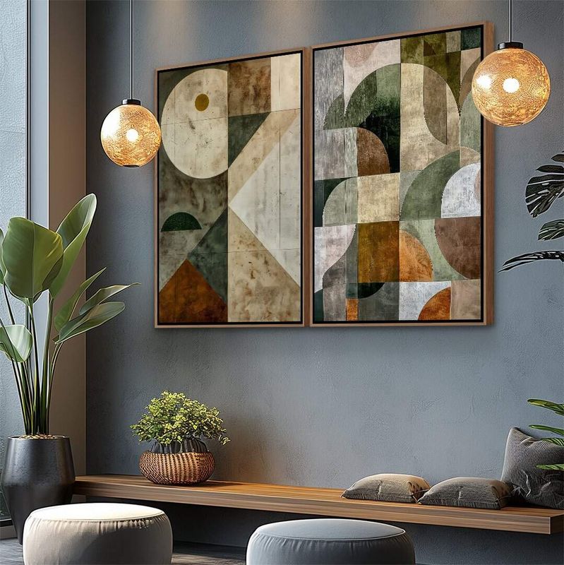 Dupla de Quadros Abstrato Arte Moderna Formas Orgânicas em Tons Naturais