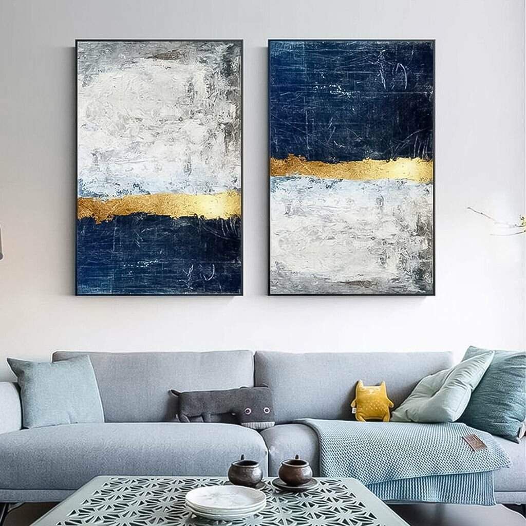 Dupla de Quadros Abstrato Azul e Dourado com Tons Cinzas