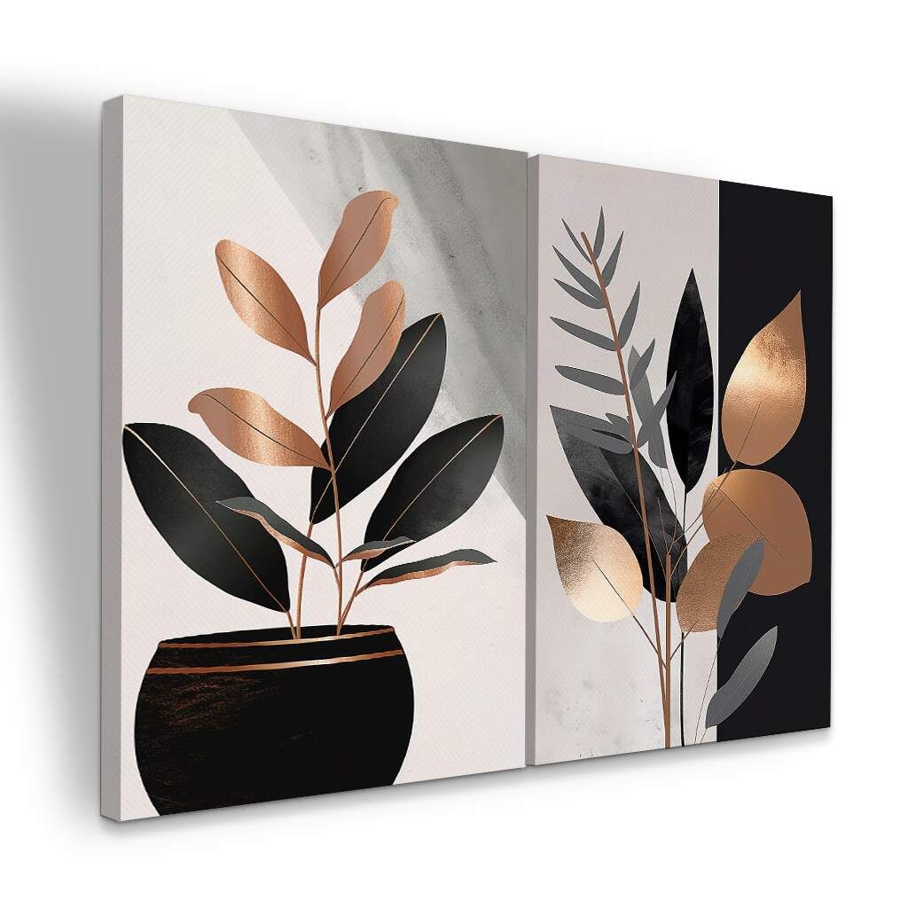 Dupla de Quadros Abstrato Boho Tons de Preto e Cobre Rose - Grande Moderno, Escolha a Medida (LxA): dupla-75x100cm-cada.jpg, Escolha a Moldura: borda-infinita--sem-moldura-.jpg