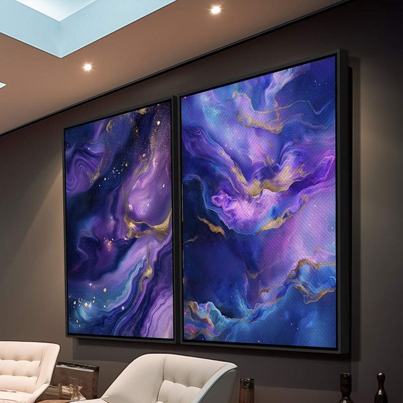 Dupla de Quadros Abstrato Cósmico Roxo Dourado Moderno