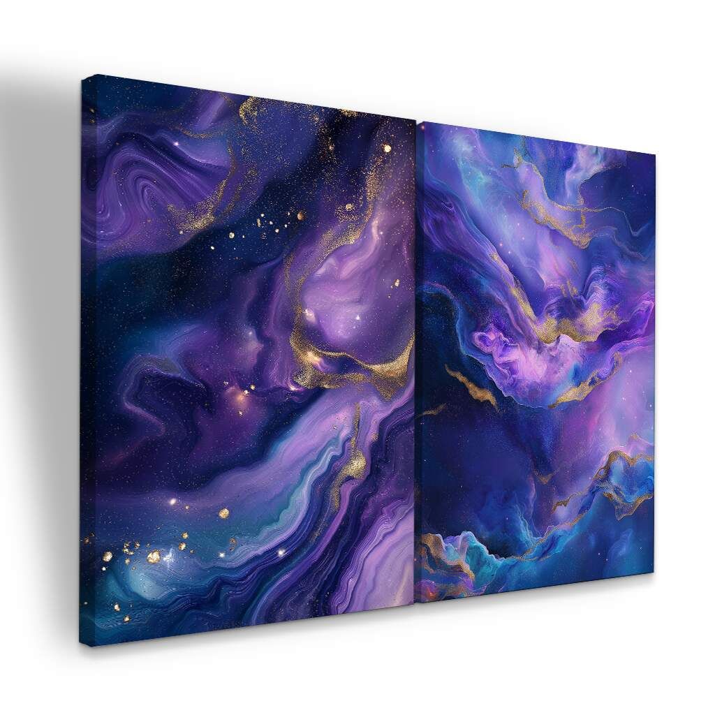 Dupla de Quadros Abstrato Cósmico Roxo Dourado Moderno, Escolha a Medida (LxA): dupla-60x90cm-cada.jpg, Escolha a Moldura: borda-infinita--sem-moldura-.jpg