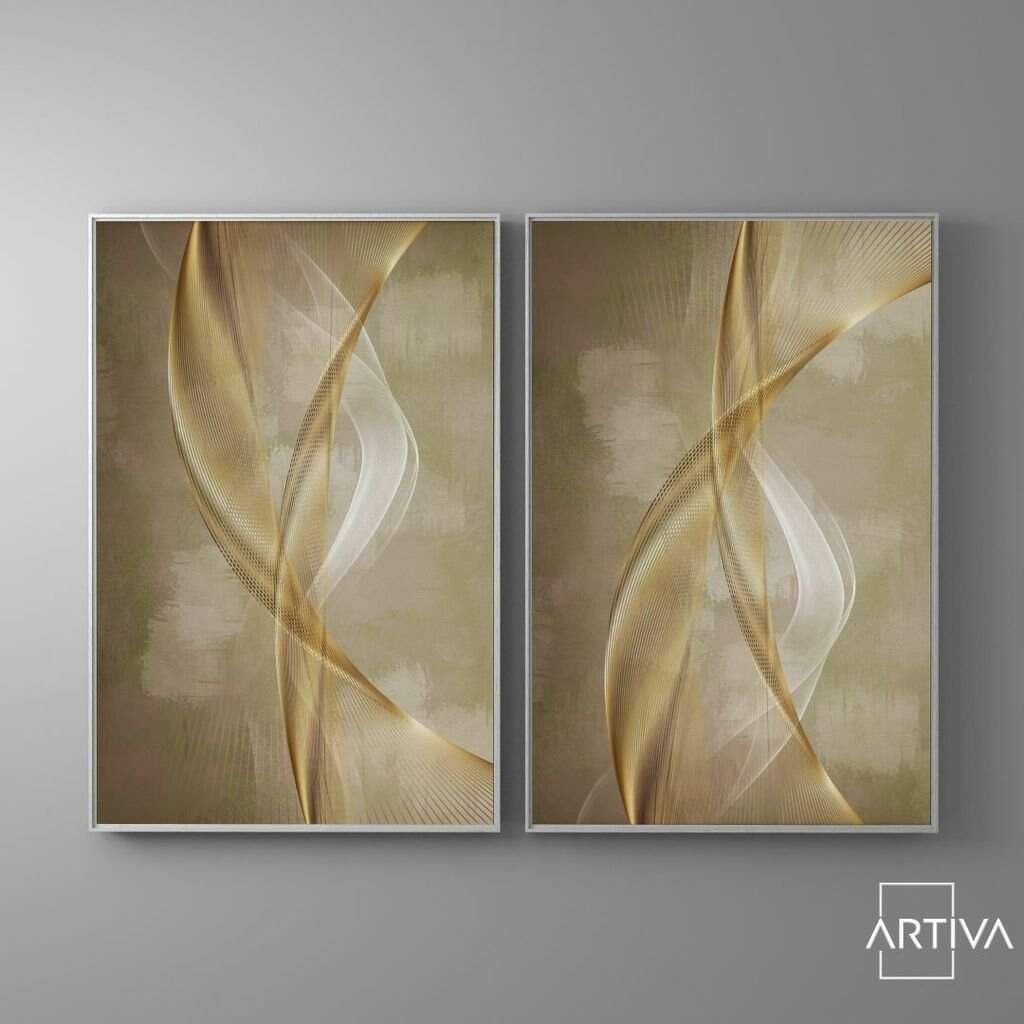 Dupla de Quadros Abstrato Curvas Douradas em Tons de Bege