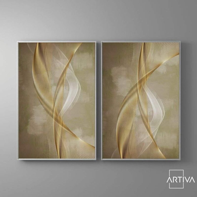 Dupla de Quadros Abstrato Curvas Douradas em Tons de Bege