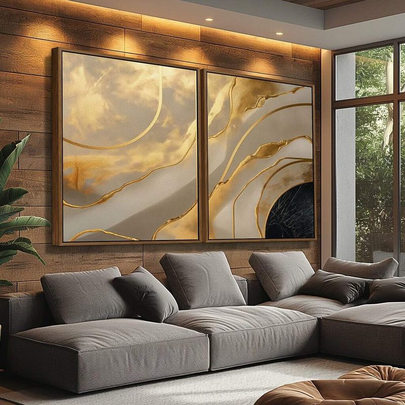 Dupla de Quadros Abstrato Linhas Douradas Luxo