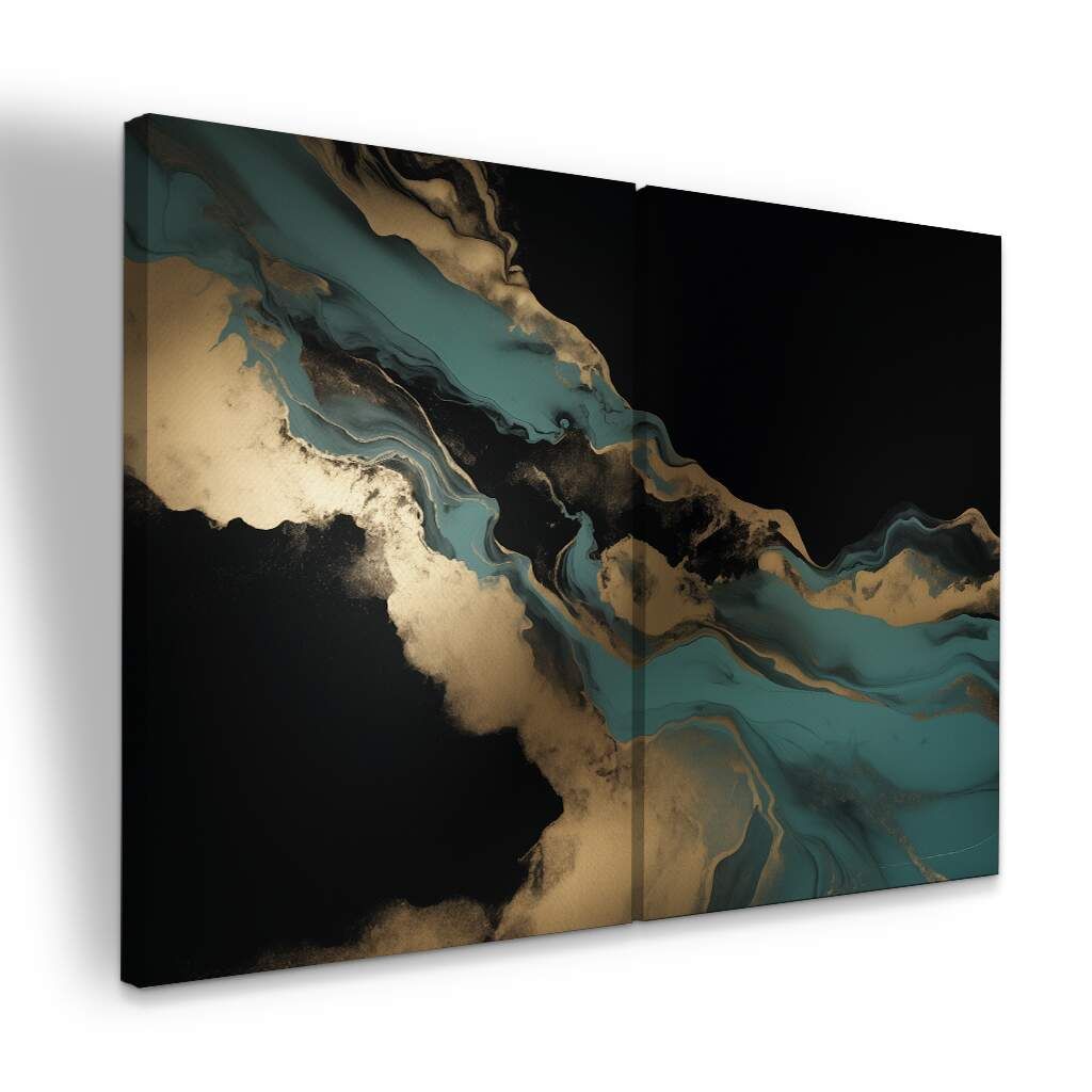 Dupla de Quadros Abstrato Moderno Luxo Tons de Preto Turquesa e Dourado, Escolha a Medida (LxA): dupla-50x70cm-cada.jpg, Escolha a Moldura: borda-infinita--sem-moldura-.jpg