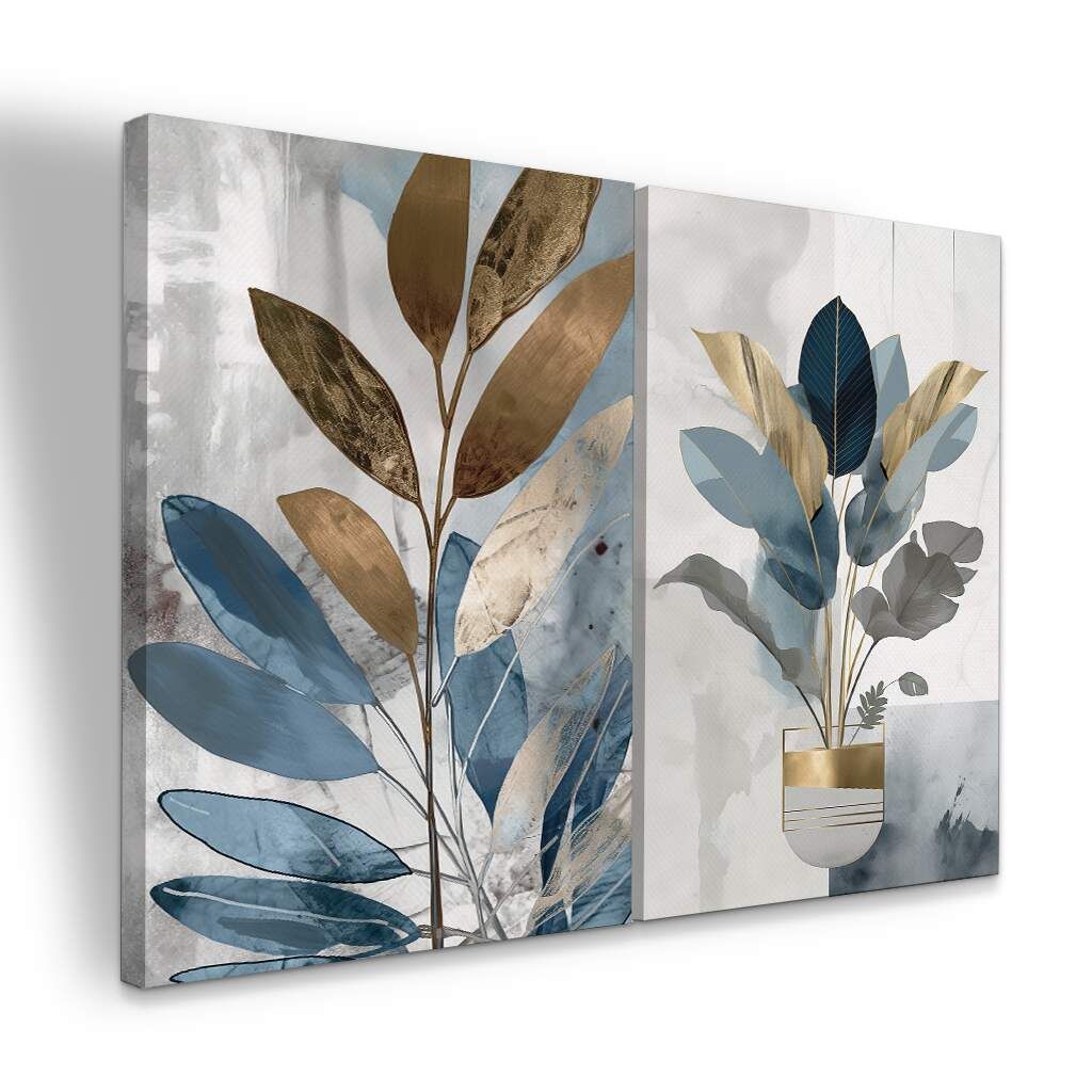 Dupla de Quadros Abstrato Moderno Boho Tons de Azuis e Dourado, Escolha a Medida (LxA): dupla-75x100cm-cada.jpg, Escolha a Moldura: borda-infinita--sem-moldura-.jpg