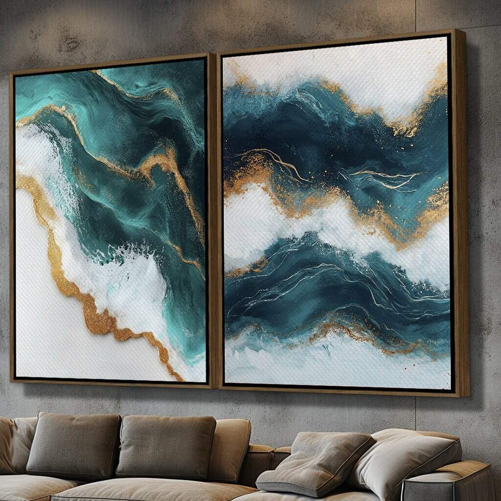Dupla de Quadros Abstrato Ondas Marinhas em Azul e Dourado