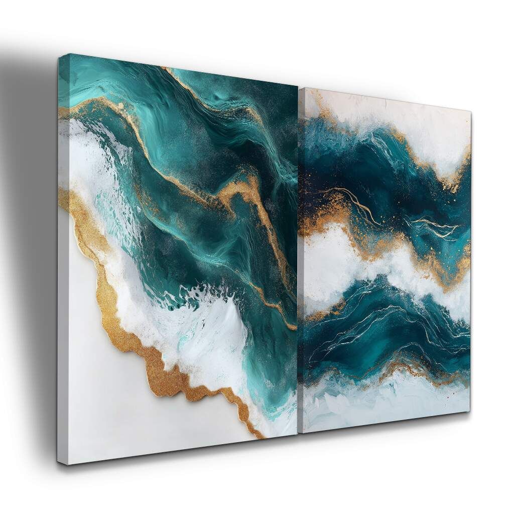 Dupla de Quadros Abstrato Ondas Marinhas em Azul e Dourado, Escolha a Medida (LxA): dupla-50x70cm-cada.jpg, Escolha a Moldura: borda-infinita--sem-moldura-.jpg