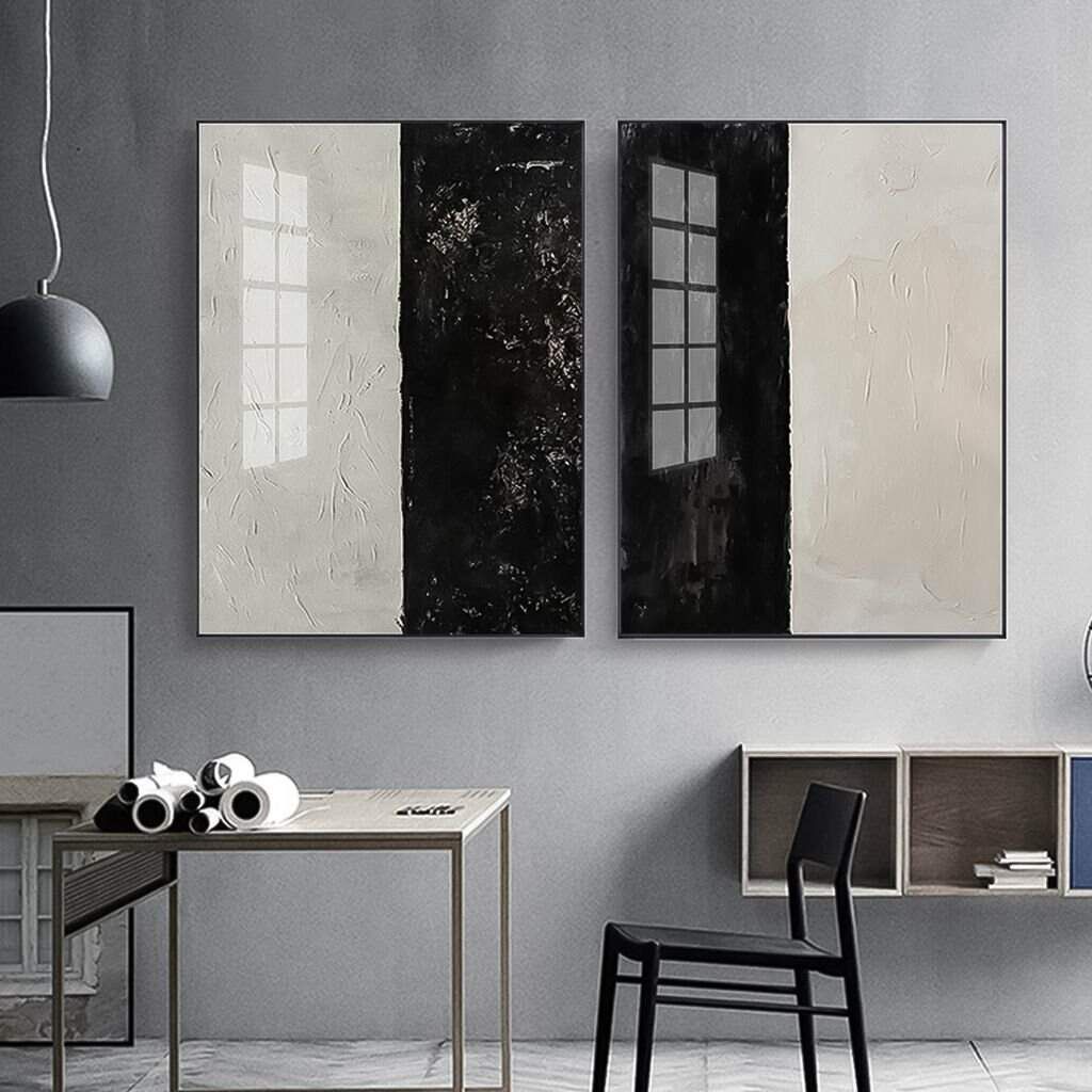 Dupla de Quadros Abstrato Pintura Preta e Off White