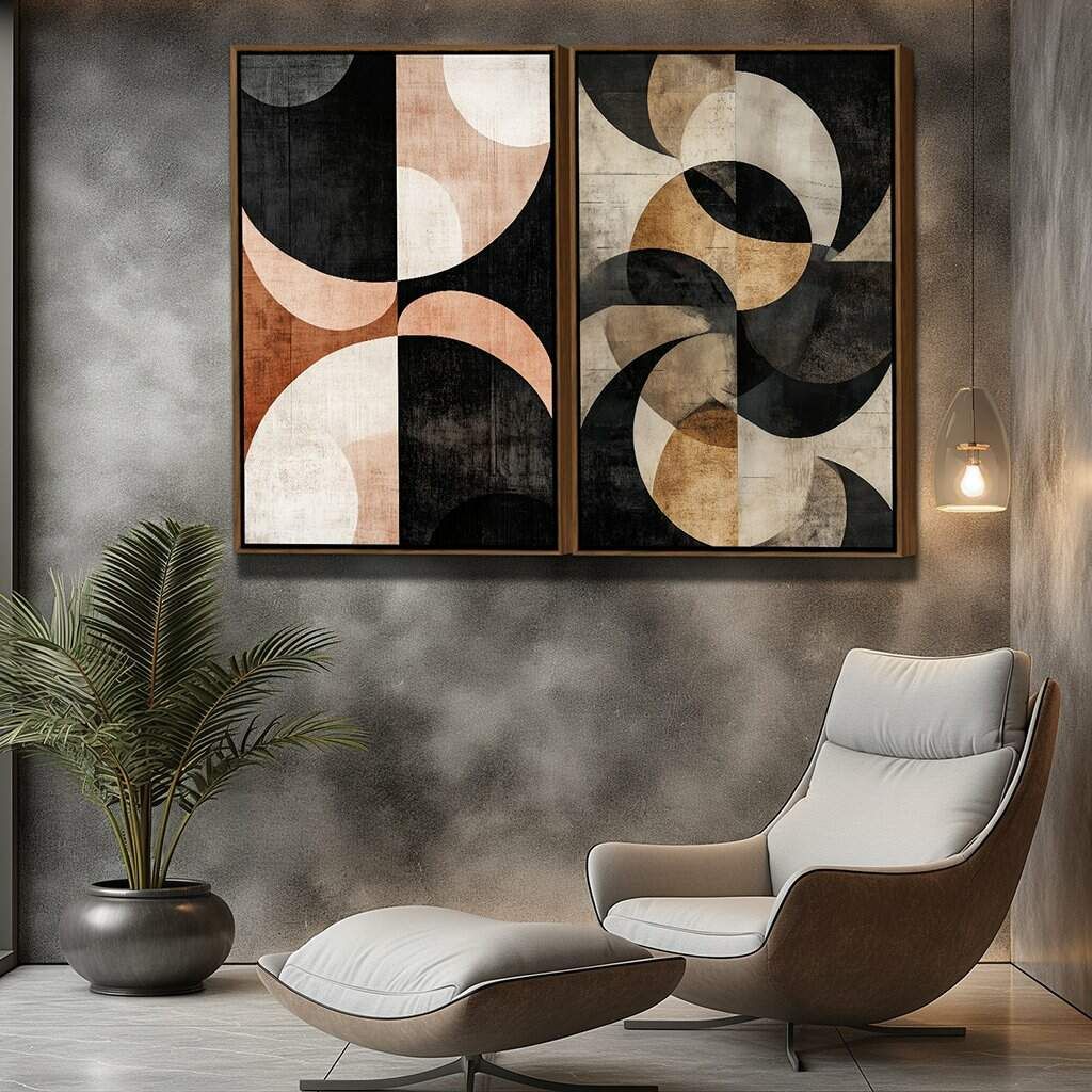 Dupla de Quadros Abstratos Círculos em Tons Terrosos e Neutros