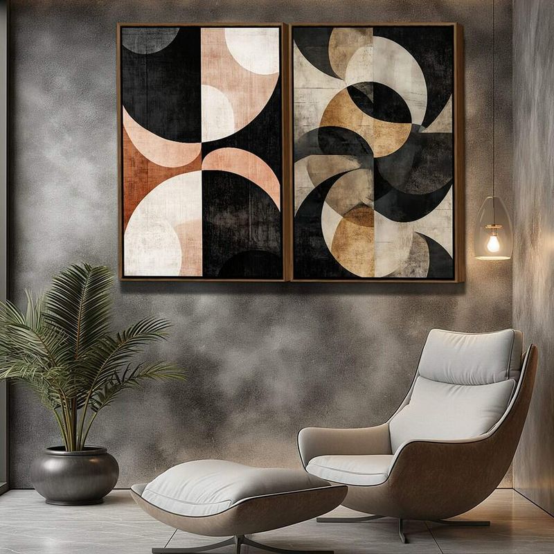 Dupla de Quadros Abstratos Círculos em Tons Terrosos e Neutros