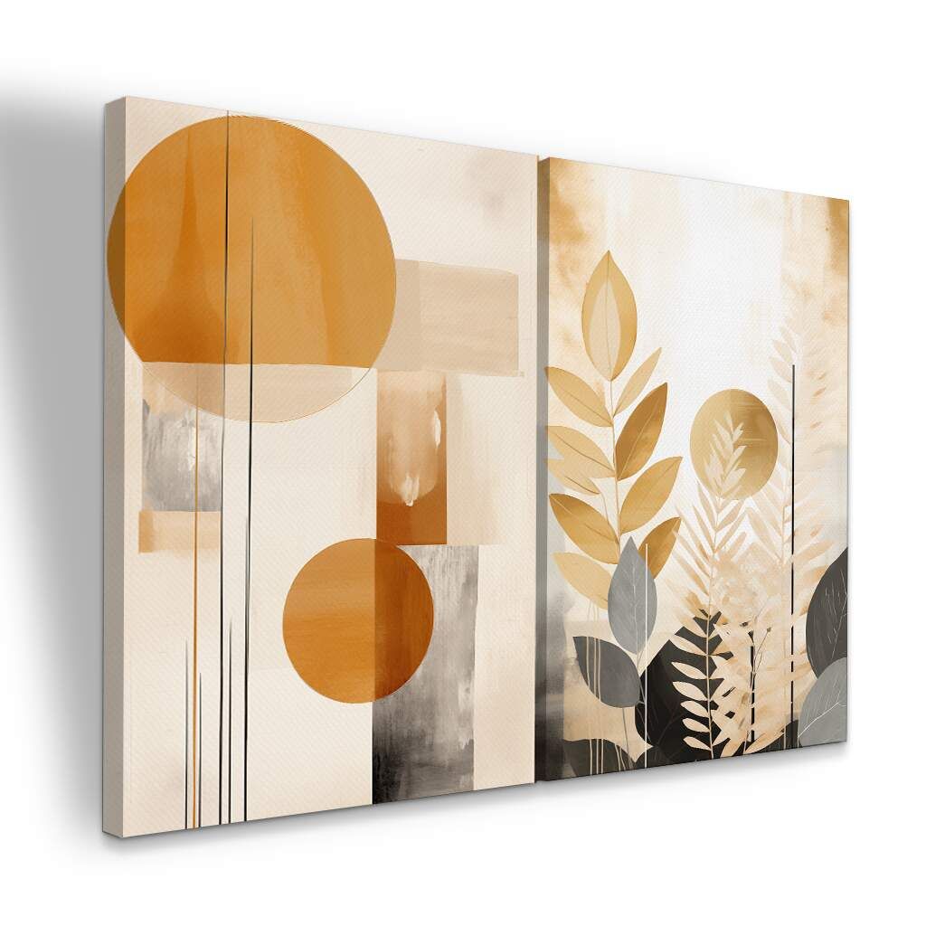 Dupla de Quadros Abstratos Folhas Boho em Tons Pastéis e Dourado, Escolha a Medida (LxA): dupla-60x90cm-cada.jpg, Escolha a Moldura: borda-infinita--sem-moldura-.jpg
