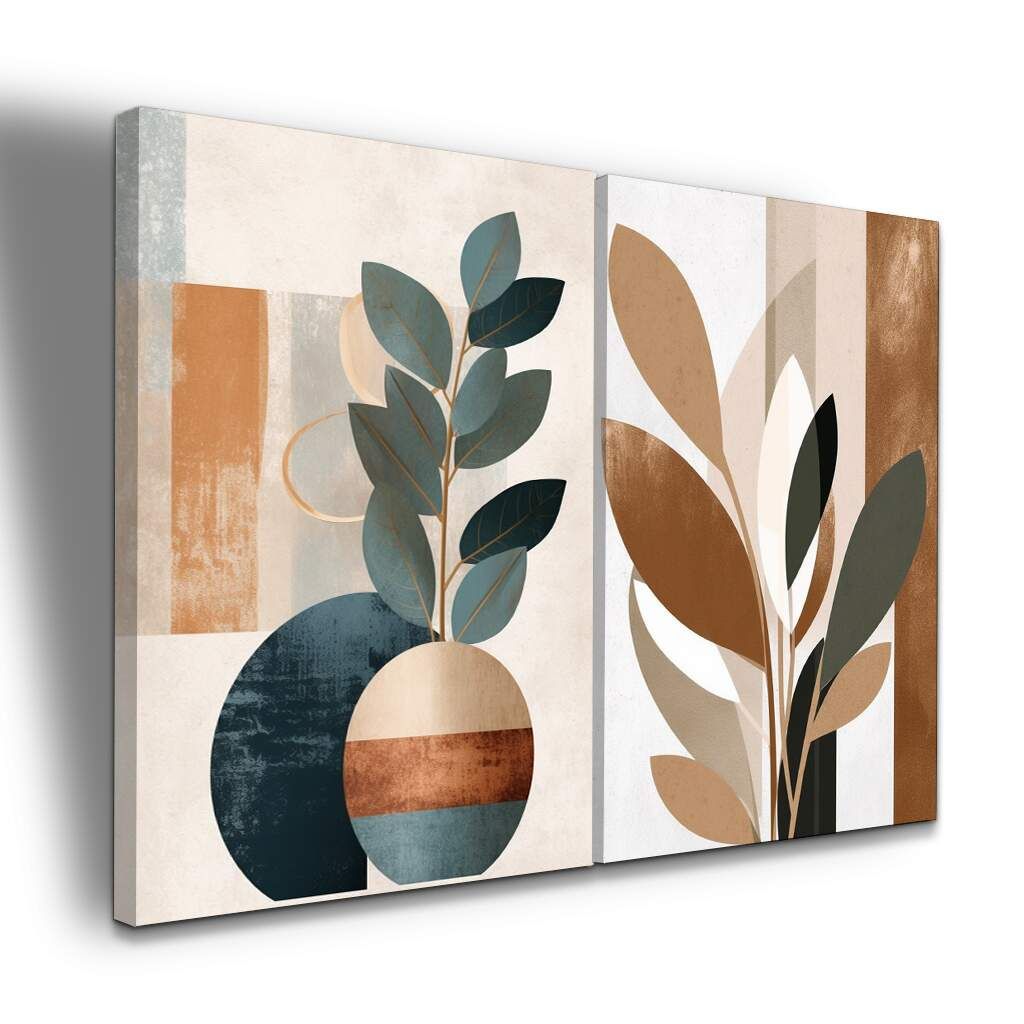 Dupla de Quadros Arte Abstrata Botânica com Folhagem em Tons Terrosos, Escolha a Medida (LxA): dupla-75x100cm-cada.jpg, Escolha a Moldura: borda-infinita--sem-moldura-.jpg