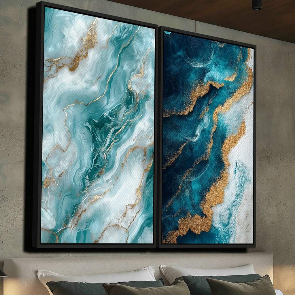 Dupla de Quadros Arte Abstrata Azul e Dourado com Efeito de Mármore e Textura Fluida
