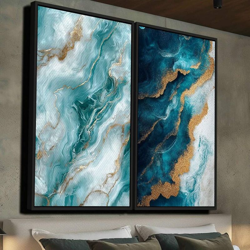 Dupla de Quadros Arte Abstrata Azul e Dourado com Efeito de Mármore e Textura Fluida
