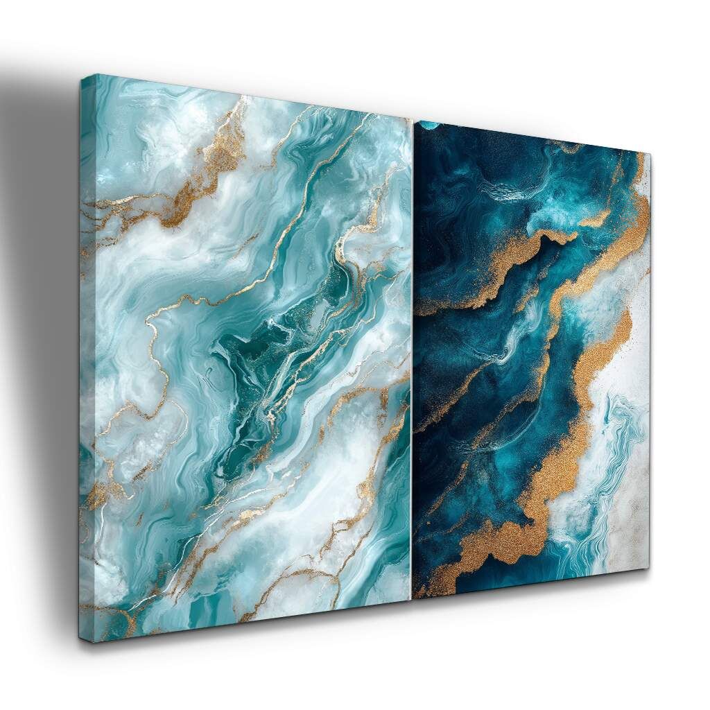 Dupla de Quadros Arte Abstrata Azul e Dourado com Efeito de Mármore e Textura Fluida, Escolha a Medida (LxA): dupla-75x100cm-cada.jpg, Escolha a Moldura: borda-infinita--sem-moldura-.jpg