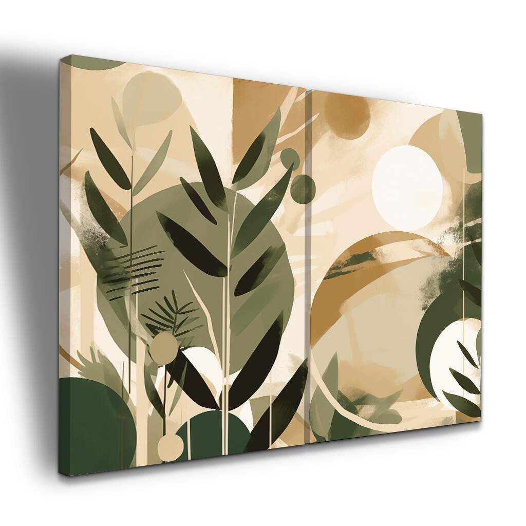 Dupla de Quadros Arte Abstrata Botânica Verde e Bege, Escolha a Medida (LxA): dupla-80x120cm-cada.jpg, Escolha a Moldura: borda-infinita--sem-moldura-.jpg