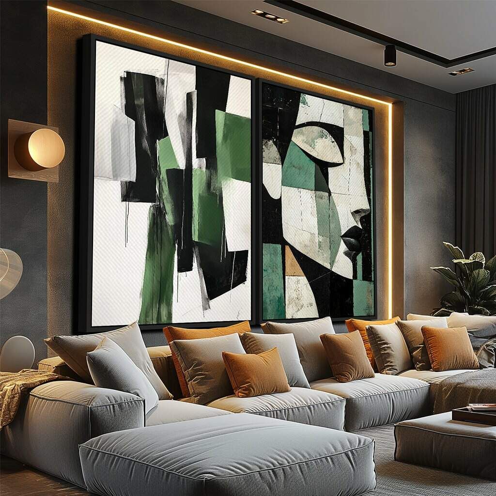 Dupla de Quadros Arte Abstrata Cubista Tons Verdes e Pretos