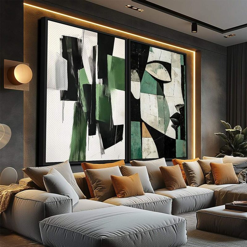 Dupla de Quadros Arte Abstrata Cubista Tons Verdes e Pretos