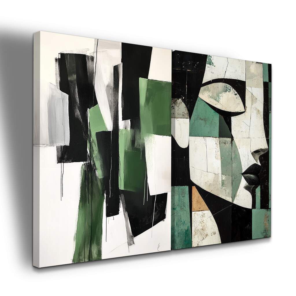 Dupla de Quadros Arte Abstrata Cubista Tons Verdes e Pretos, Escolha a Medida (LxA): dupla-75x100cm-cada.jpg, Escolha a Moldura: borda-infinita--sem-moldura-.jpg