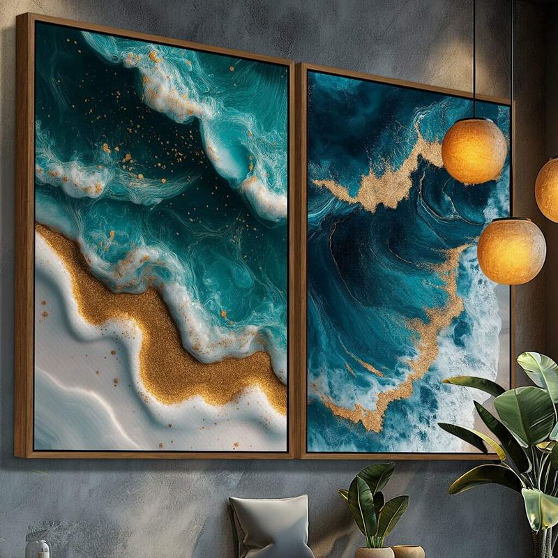 Dupla de Quadros Arte Abstrata de Oceano em Azul e Dourado com Textura de Ondas