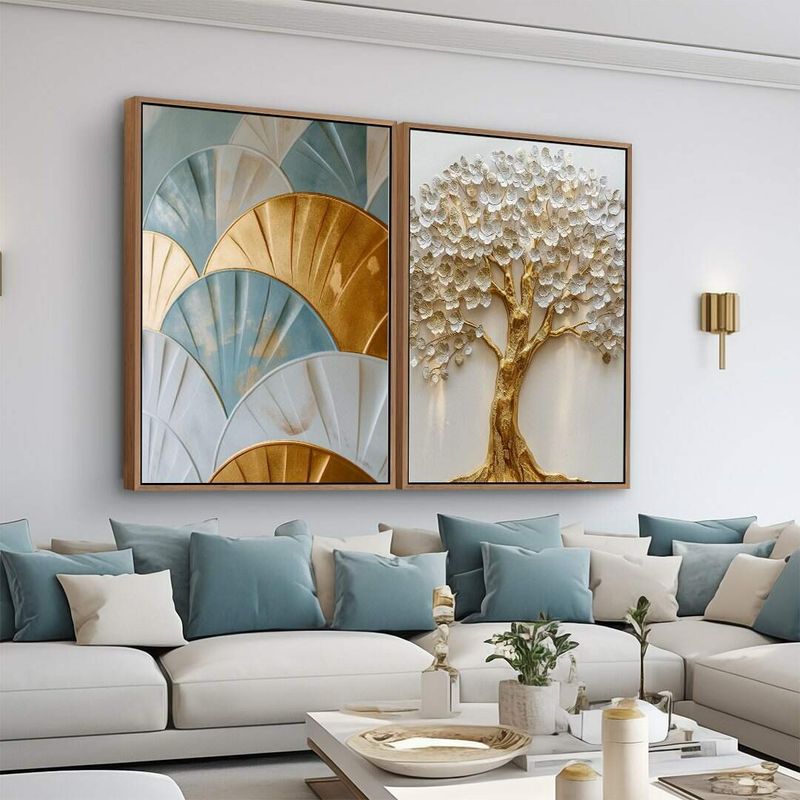 Dupla de Quadros Arte Abstrata em Ouro e Azul e Árvore Dourada