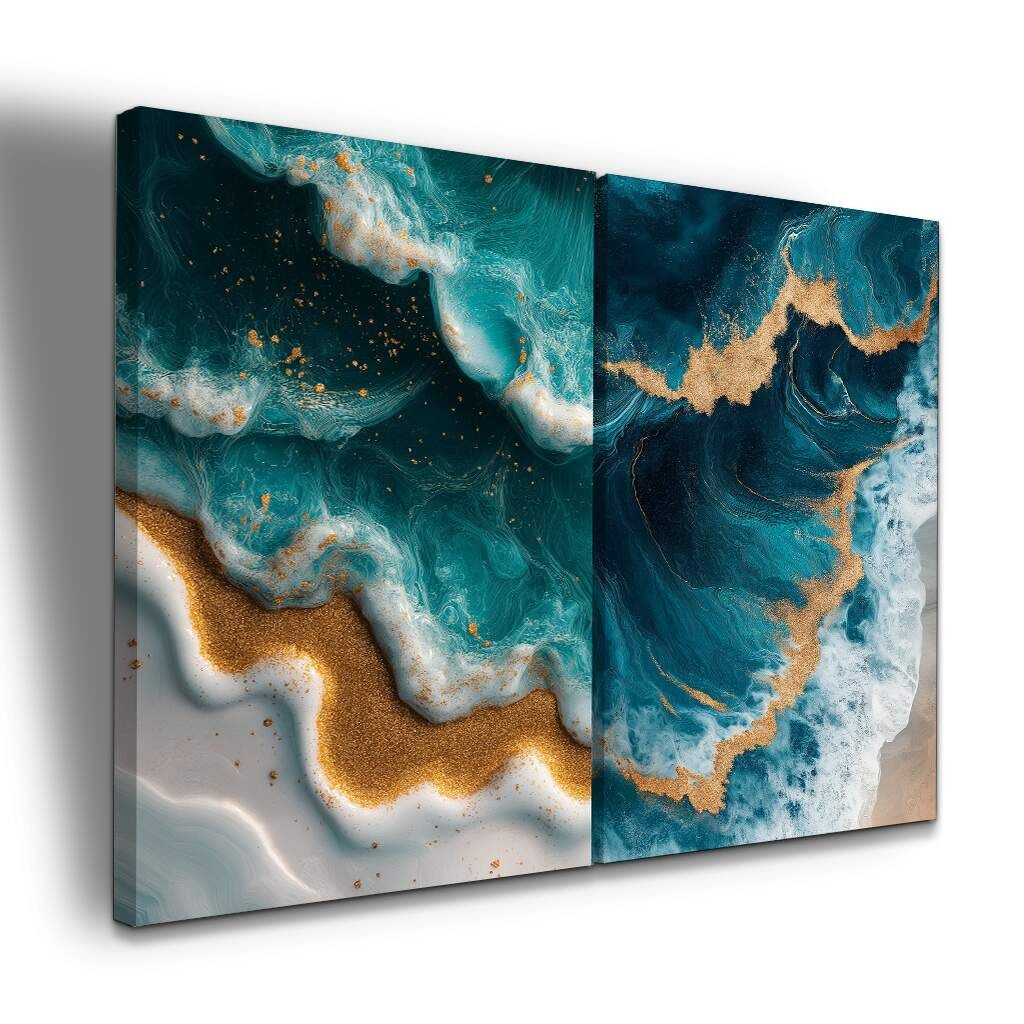 Dupla de Quadros Arte Abstrata de Oceano em Azul e Dourado com Textura de Ondas, Escolha a Medida (LxA): dupla-75x100cm-cada.jpg, Escolha a Moldura: borda-infinita--sem-moldura-.jpg