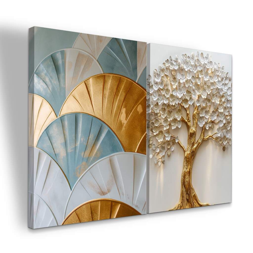 Dupla de Quadros Arte Abstrata em Ouro e Azul e Árvore Dourada, Escolha a Medida (LxA): dupla-75x100cm-cada.jpg, Escolha a Moldura: borda-infinita--sem-moldura-.jpg