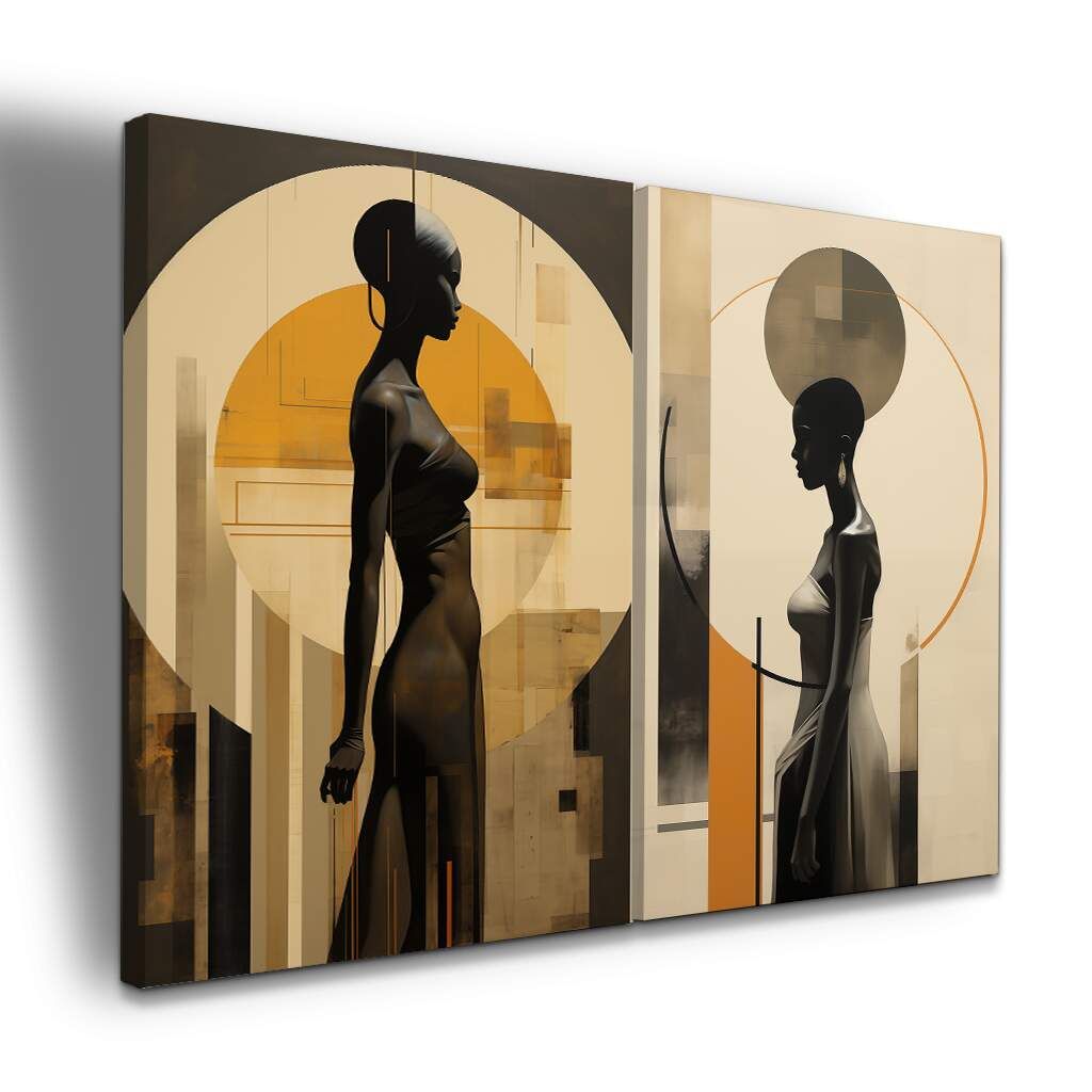 Dupla de Quadros Arte Abstrata Feminina com Silhuetas Negras, Escolha a Medida (LxA): dupla-75x100cm-cada.jpg, Escolha a Moldura: borda-infinita--sem-moldura-.jpg
