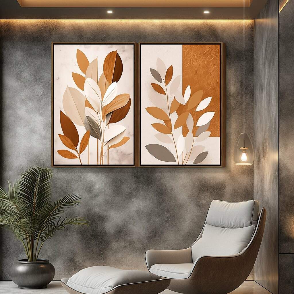 Dupla de Quadros Arte Abstrata Folhagem em Terrosos Minimalista