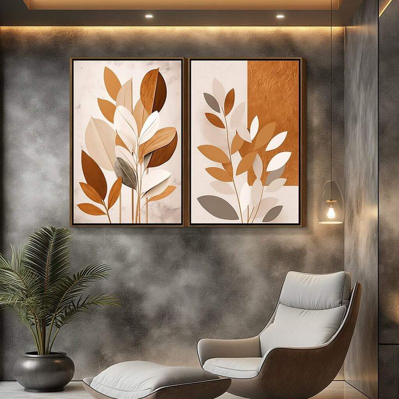 Dupla de Quadros Arte Abstrata Folhagem em Terrosos Minimalista