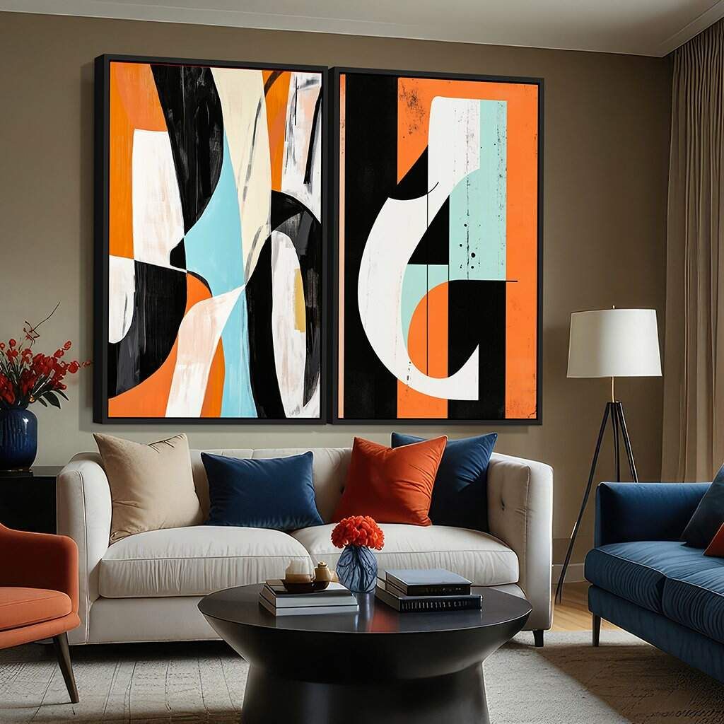 Dupla de Quadros Arte Abstrata Geométrica Tons de Laranja Preto e Azul Pastel