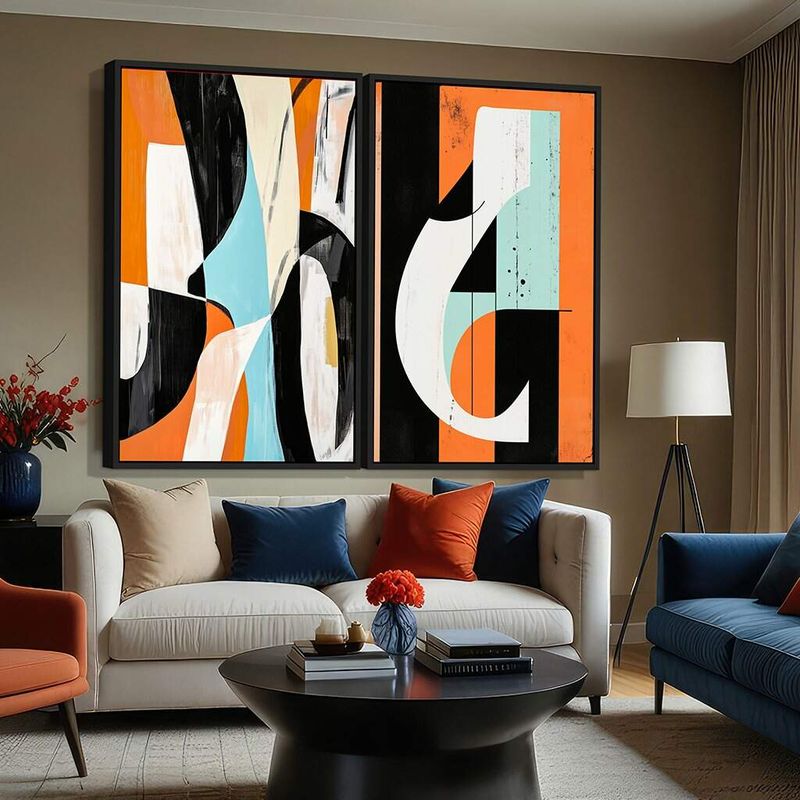 Dupla de Quadros Arte Abstrata Geométrica Tons de Laranja Preto e Azul Pastel