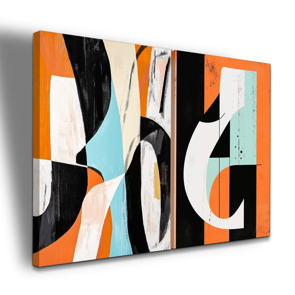 Dupla de Quadros Arte Abstrata Geométrica Tons de Laranja Preto e Azul Pastel, Escolha a Medida (LxA): dupla-50x70cm-cada.jpg, Escolha a Moldura: borda-infinita--sem-moldura-.jpg