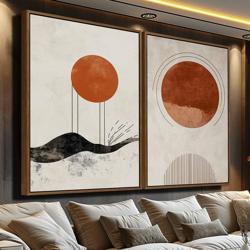 Dupla de Quadros Arte Abstrata Minimalista com Sol Geométrico em Tons Terrosos