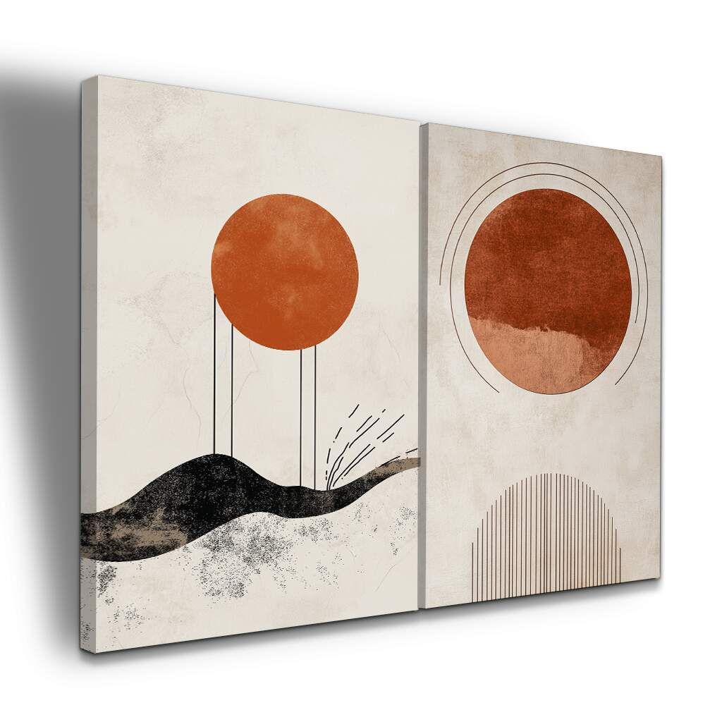 Dupla de Quadros Arte Abstrata Minimalista com Sol Geométrico em Tons Terrosos, Escolha a Medida (LxA): dupla-75x100cm-cada.jpg, Escolha a Moldura: borda-infinita--sem-moldura-.jpg