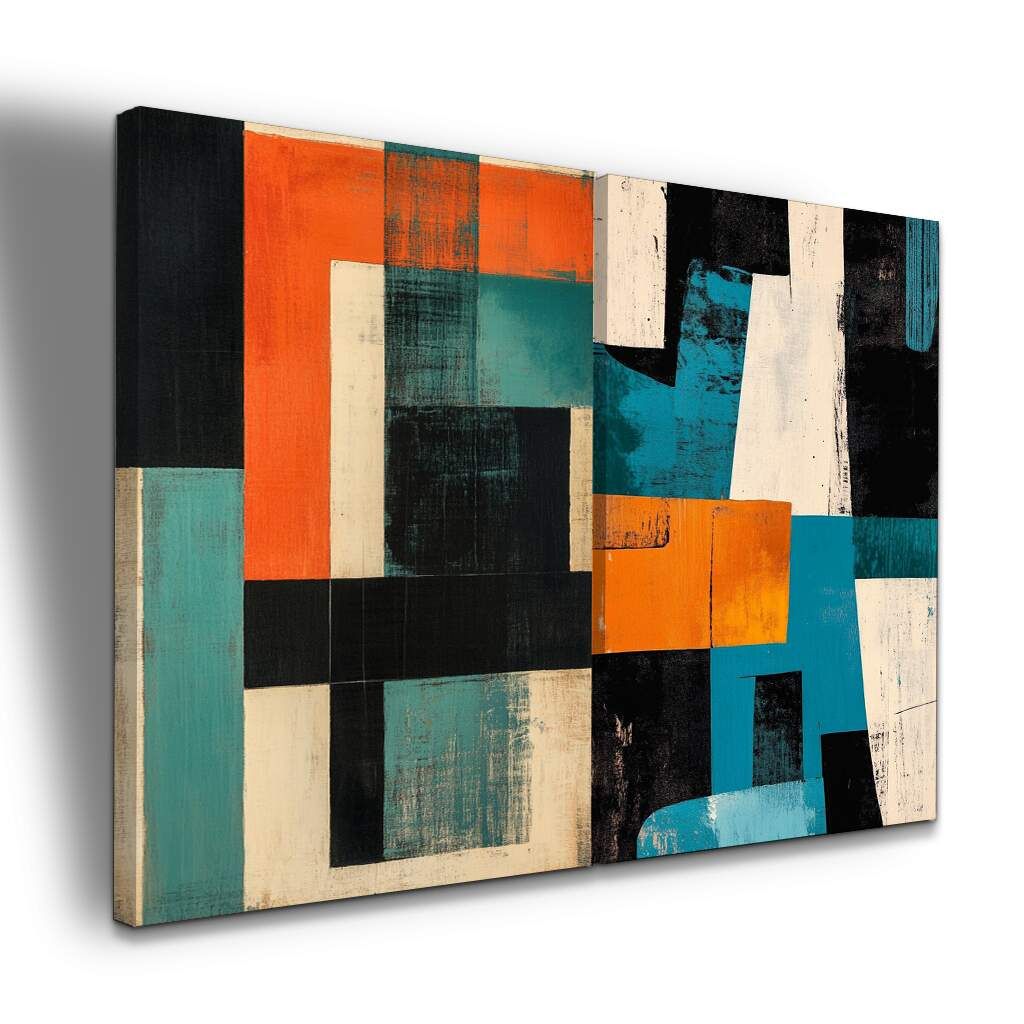 Dupla de Quadros Arte Abstrata Moderna Vibrante Luxo Tons de Azul e Laranja, Escolha a Medida (LxA): dupla-50x70cm-cada.jpg, Escolha a Moldura: borda-infinita--sem-moldura-.jpg