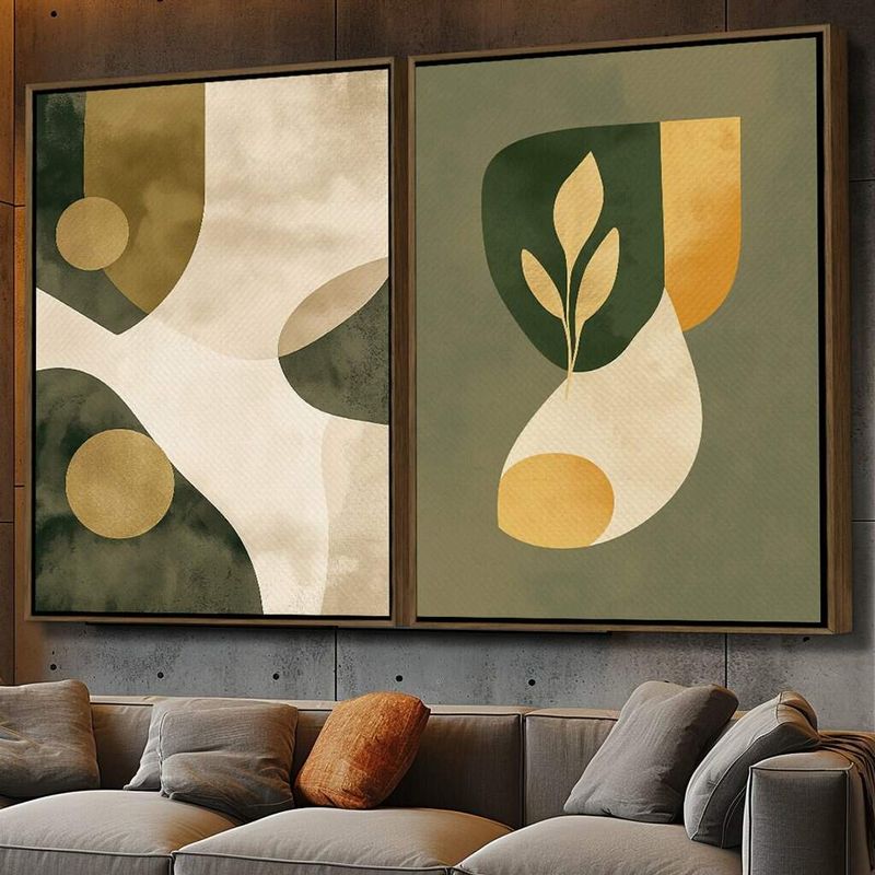Dupla de Quadros Arte Abstrata Orgânica em Verde e Dourado