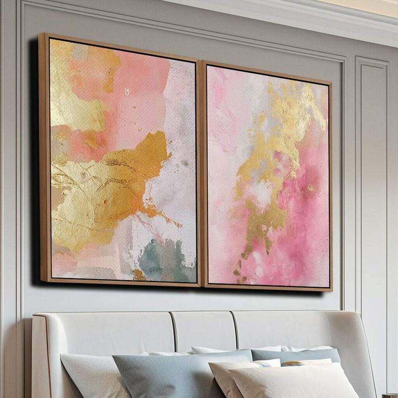 Dupla de Quadros Arte Abstrata Rosa e Dourado com Texturas