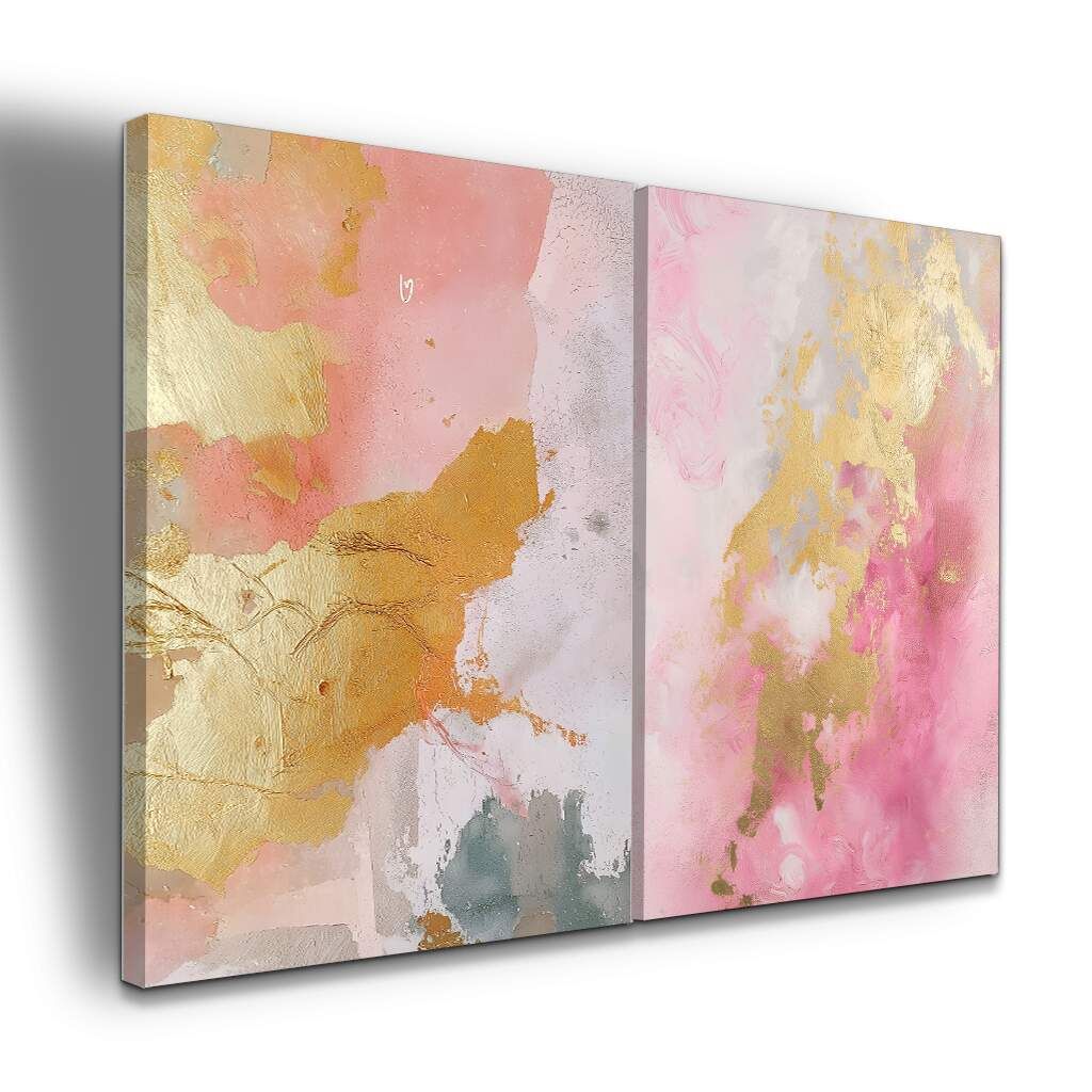 Dupla de Quadros Arte Abstrata Rosa e Dourado com Texturas, Escolha a Medida (LxA): dupla-60x90cm-cada.jpg, Escolha a Moldura: borda-infinita--sem-moldura-.jpg