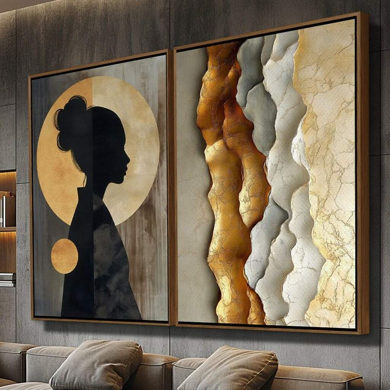 Dupla de Quadros Arte Feminina Minimalista em Tons Dourados e Terrosos