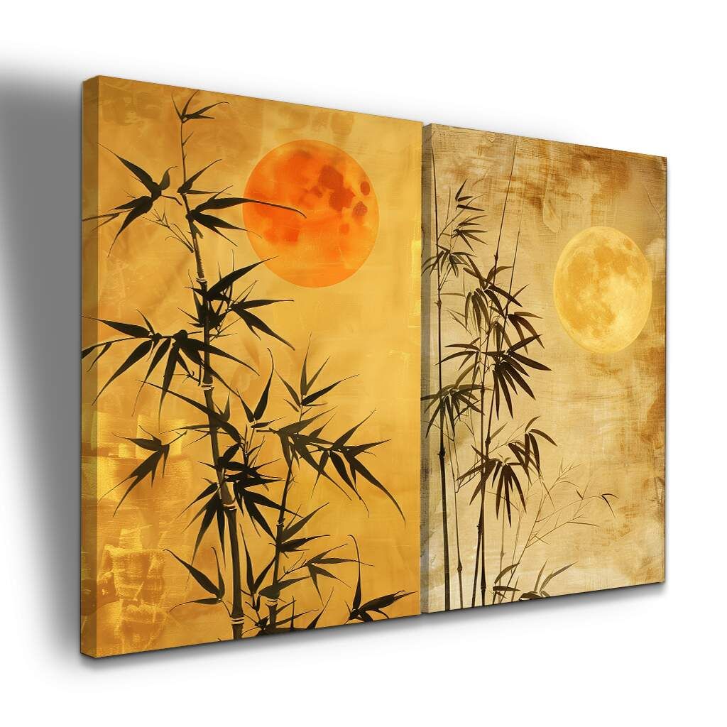 Dupla de Quadros Arte de Bambu com Lua Cheia - Pintura Oriental em Tons Dourados, Escolha a Medida (LxA): dupla-50x70cm-cada.jpg, Escolha a Moldura: borda-infinita--sem-moldura-.jpg